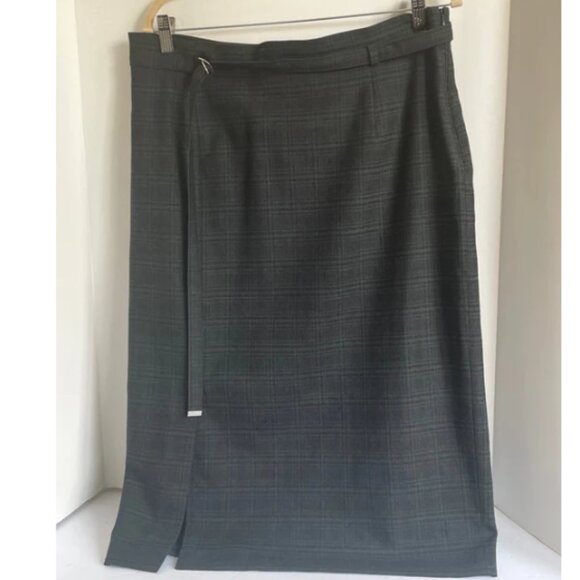 Max Mara Midi Skirt Large Green Plaid Wool Blend Straight Belted Lined Large - Picture 9 of 10